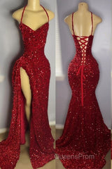 Red Sequins Evening Prom Dress with Slit Shiny Floor-Length Party Dress
