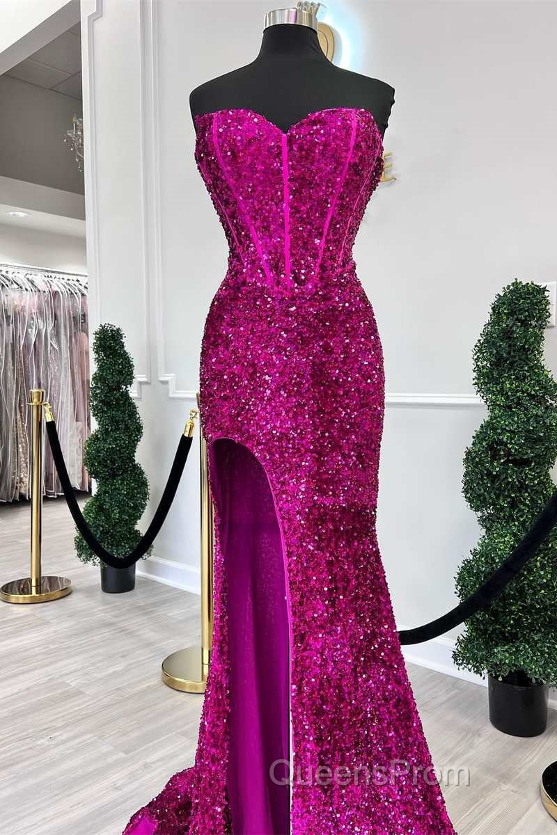 Fuchsia Sequin Strapless Mermaid Long Evening Prom Dress with Slit