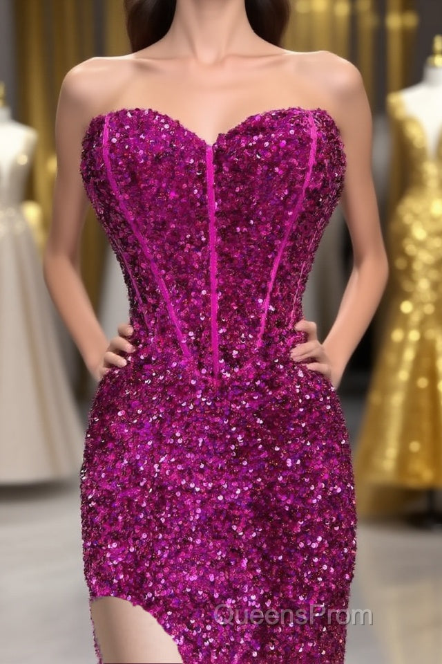 Fuchsia Sequin Strapless Mermaid Long Evening Prom Dress with Slit Main image