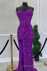 Fuchsia Sequin Strapless Mermaid Long Evening Prom Dress with Slit