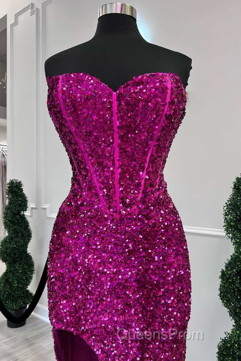 Fuchsia Sequin Strapless Mermaid Long Evening Prom Dress with Slit Secondary image
