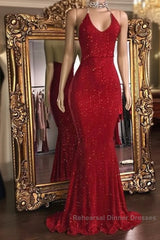 Sequins Sleeveless Mermaid Long Semi Formal Prom Dresses, Glitter New Arrival Halter Red Evening Gowns