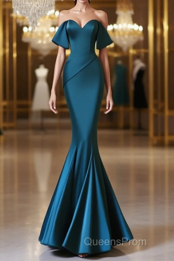 Simple Off Shoulder Satin Ink Blue Long Evening Prom Dress, Ink Blue Long Formal Dress Main image
