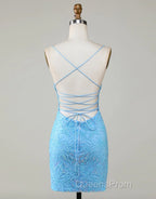 Sparkly Blue Beaded Lace Up Tight Short Homecoming Dress