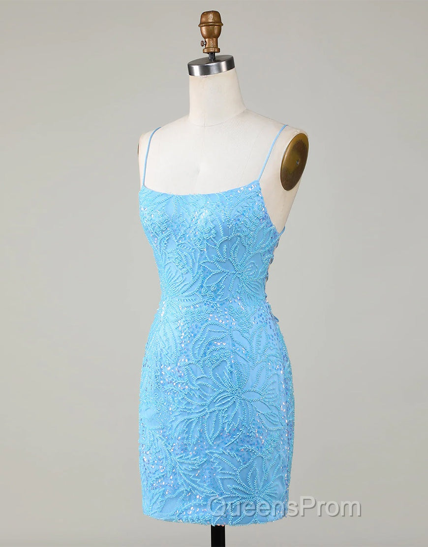 Sparkly Blue Beaded Lace Up Tight Short Homecoming Dress Secondary image