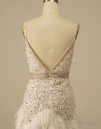 Gorgeous White Spaghetti Straps Beaded Homecoming Dress With Feather