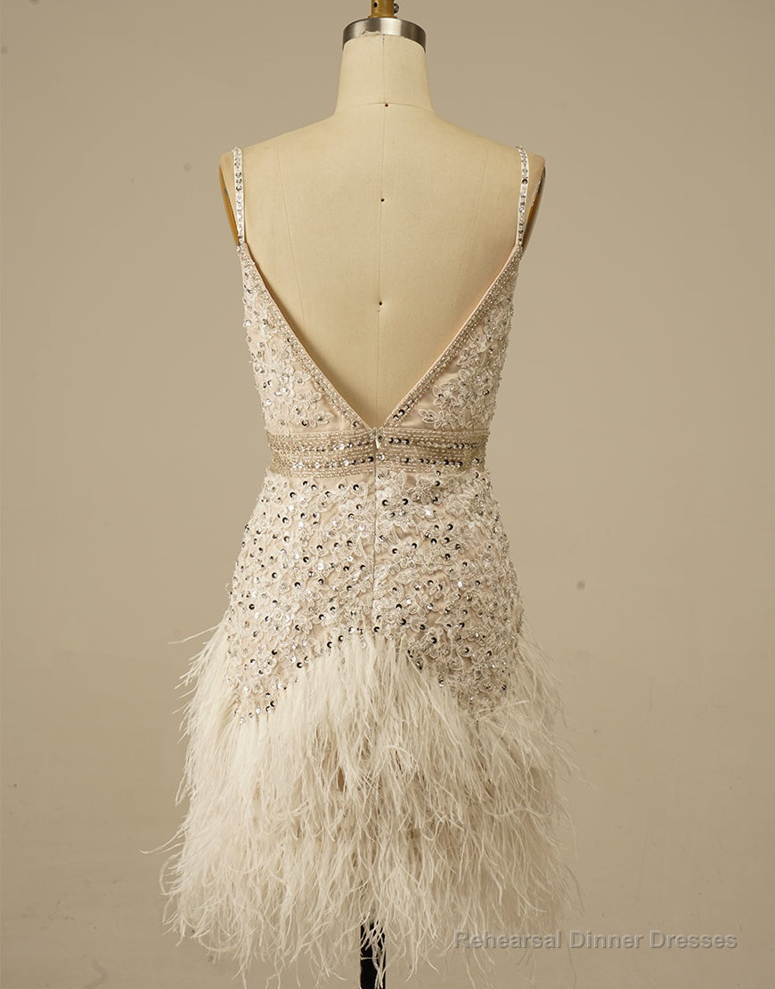 Gorgeous White Spaghetti Straps Beaded Homecoming Dress With Feather Secondary image