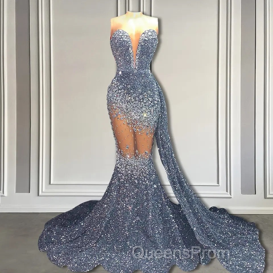V-Neck Sequins Evening Prom Dress Mermaid Sleeveless Crystal.