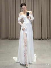 Ivory Lace Satin Wedding Dresses, Off The Shoulder Bridal Dresses