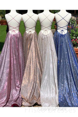 A-Line Sparkle Split Backless Evening Dress Long Evening Prom Dress With Pocket