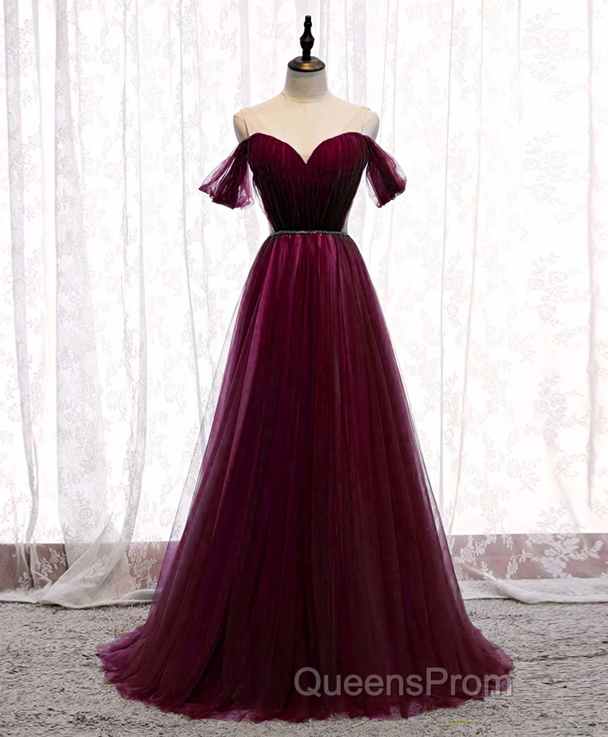 Simple Sweetheart Tulle Off Shoulder Long Evening Prom Dress, Tulle Formal Dress