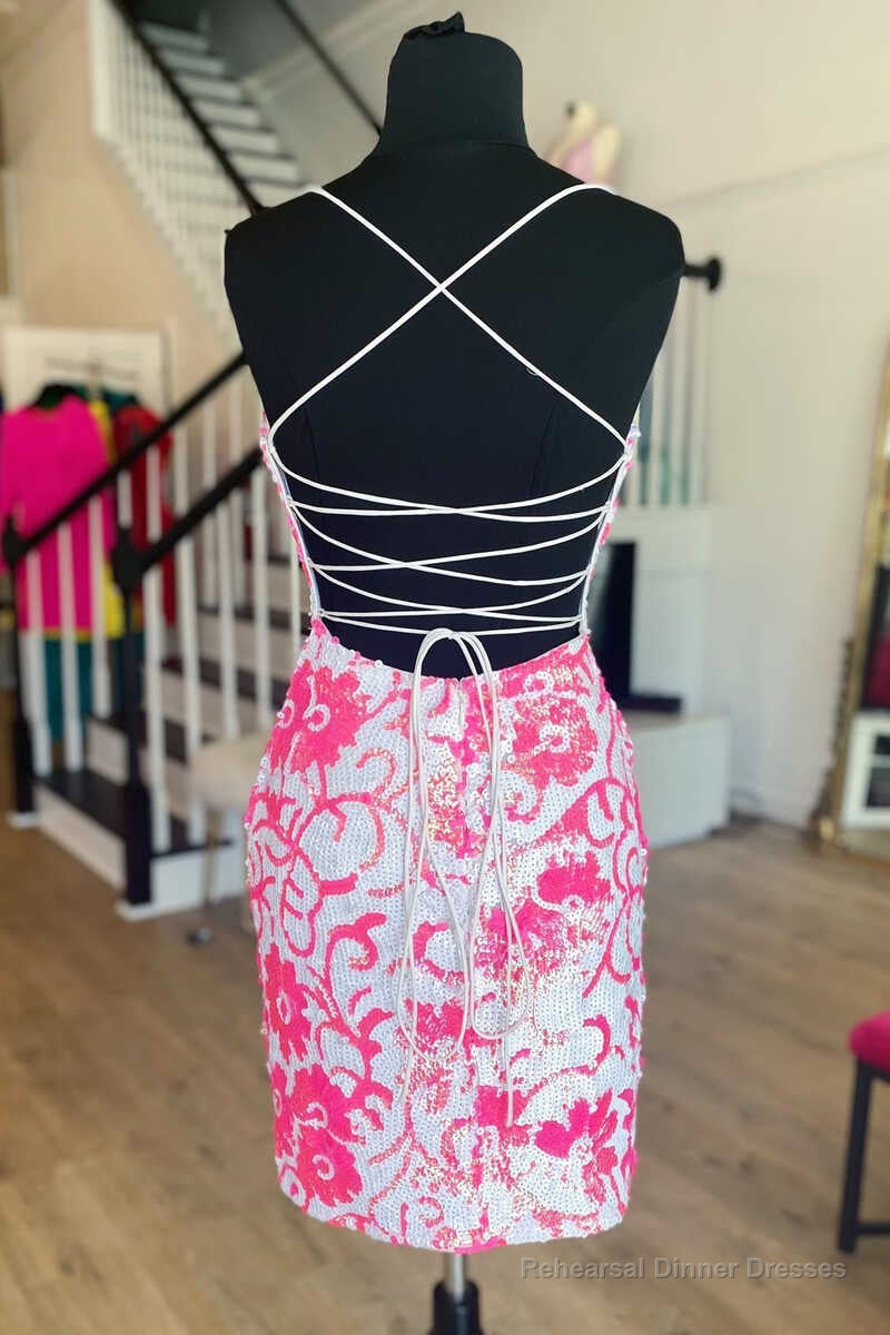 Pink Sequins Flower Print Lace-Up Mini Cocktail Dress Secondary image