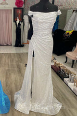 Blue Sequin Off-the-Shoulder Mermaid Long Evening Prom Dress with Slit