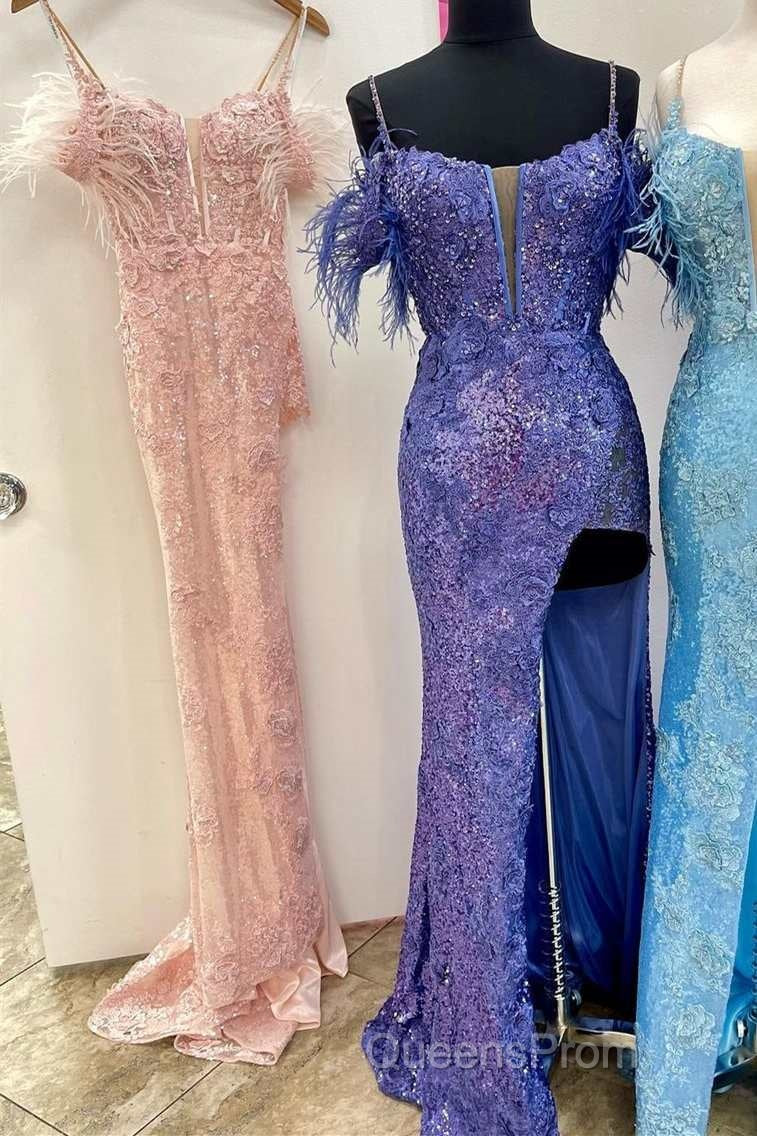 Sequin Feather Cold-Shoulder Mermaid Long Evening Prom Dress with Slit