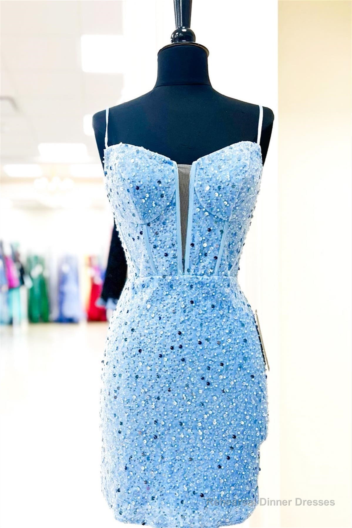 Light Blue Straps Sheath Beaded Sequined Homecoming Dress Main image