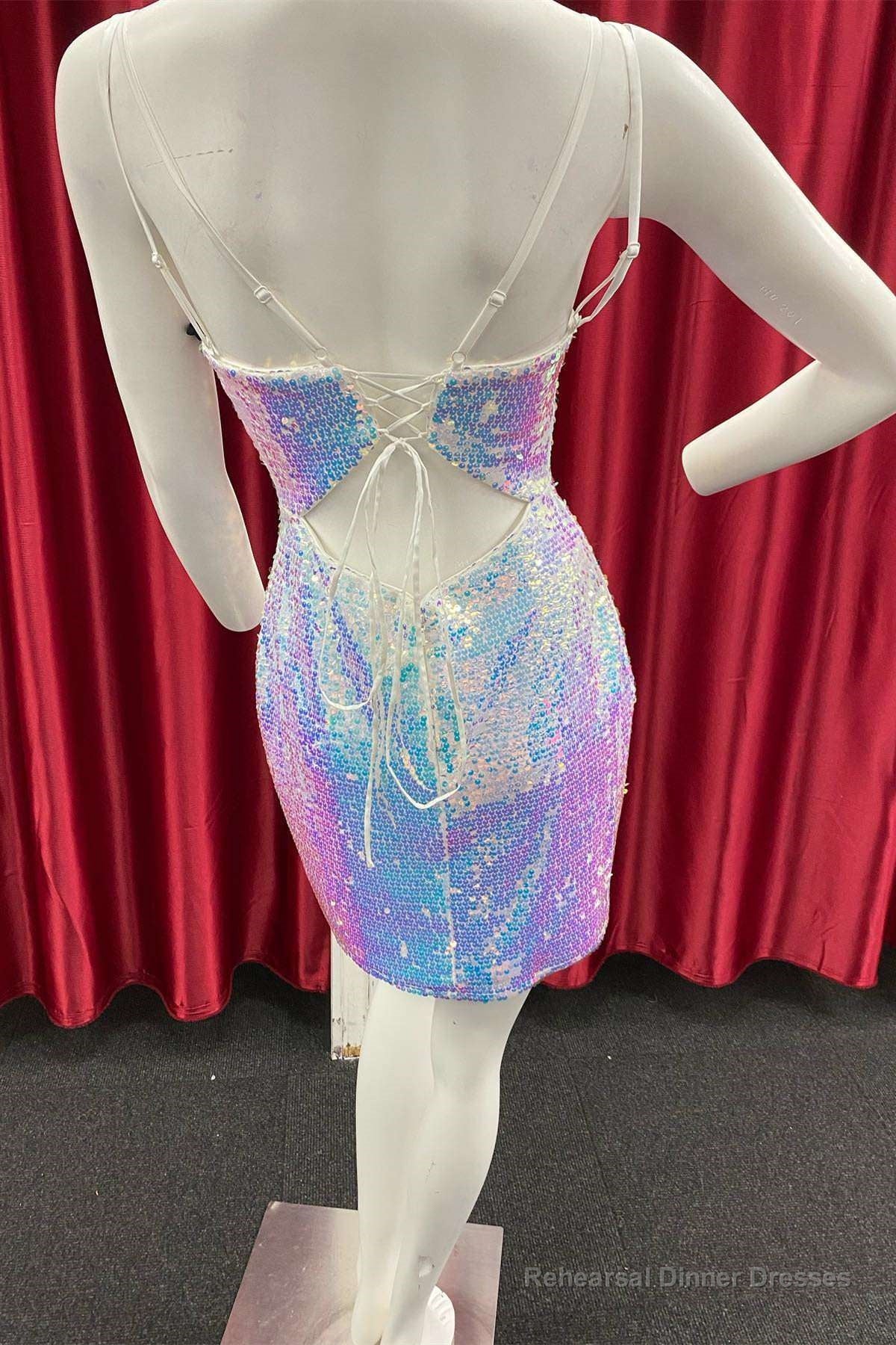White Iridescent Sequin Lace-Up Back Homecoming Dress Secondary image
