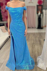 Blue Sequin Off-the-Shoulder Mermaid Long Evening Prom Dress with Slit