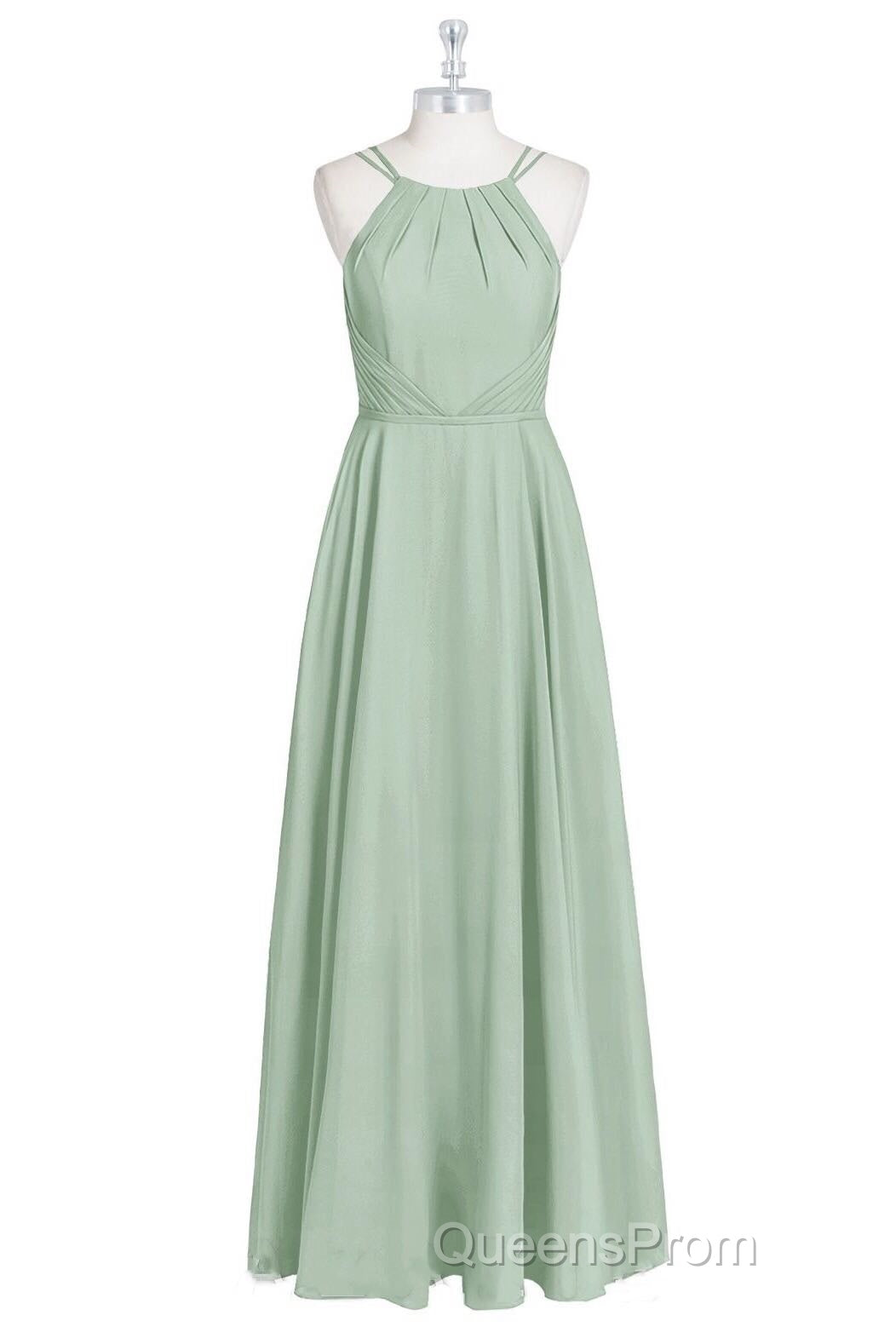 Sage Green Chiffon Halter A-Line Long Bridesmaid Dress