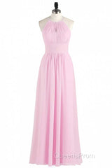 Pink Chiffon Halter Sleeveless A-Line Long Bridesmaid Dress