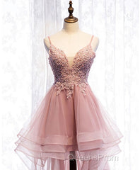 Pink Tulle Lace High Low Evening Prom Dress, Pink Homecoming Dress, 1