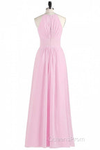 Pink Chiffon Halter Sleeveless A-Line Long Bridesmaid Dress