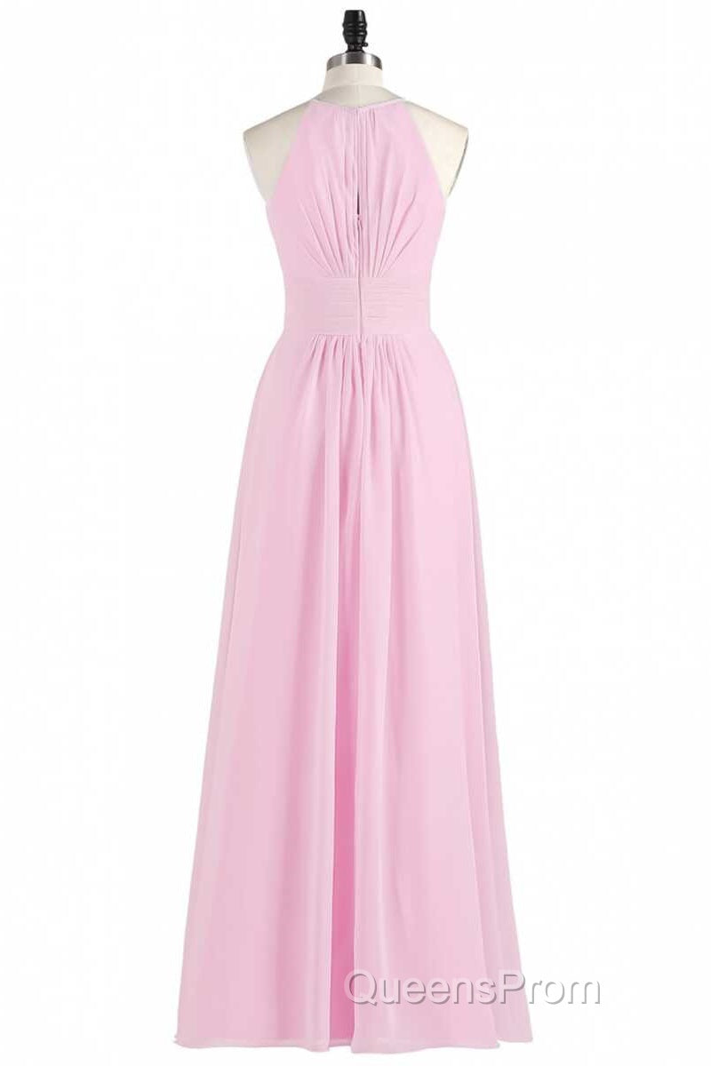 Pink Chiffon Halter Sleeveless A-Line Long Bridesmaid Dress