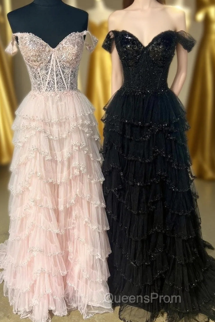 Light Pink Floral Layers Sequined Long Evening Prom Dress