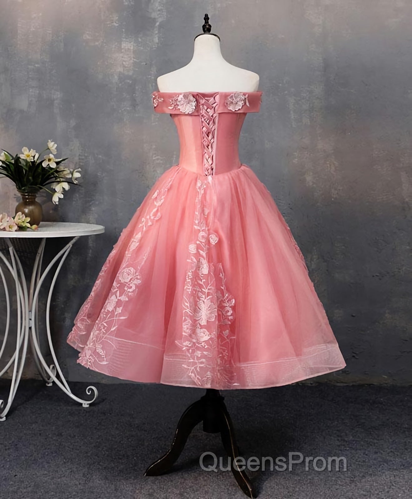 Pink Tulle Lace Off Shoulder Short Evening Prom Dress, Pink Homecoming Dress Secondary image