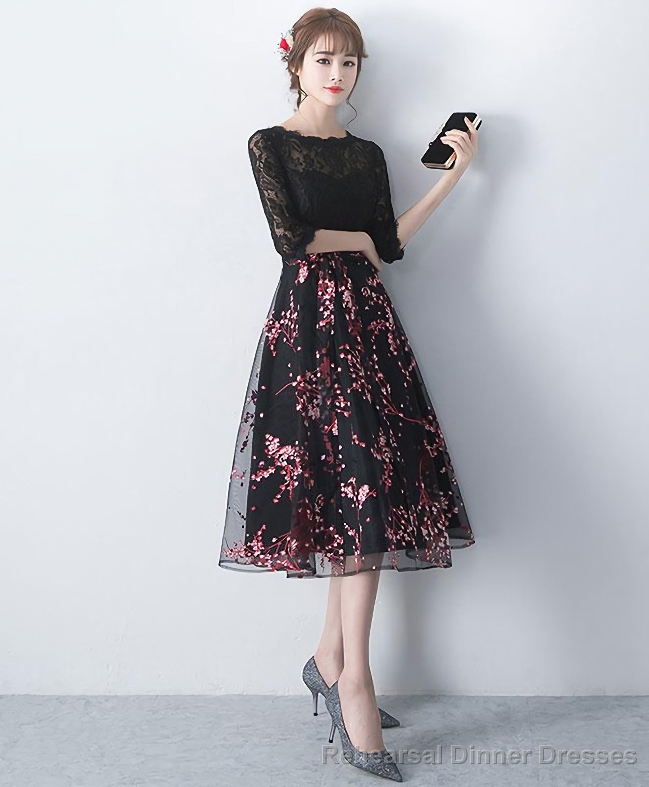 Black Lace Tulle Short Prom Dress Black Lace Bridesmaid Dress