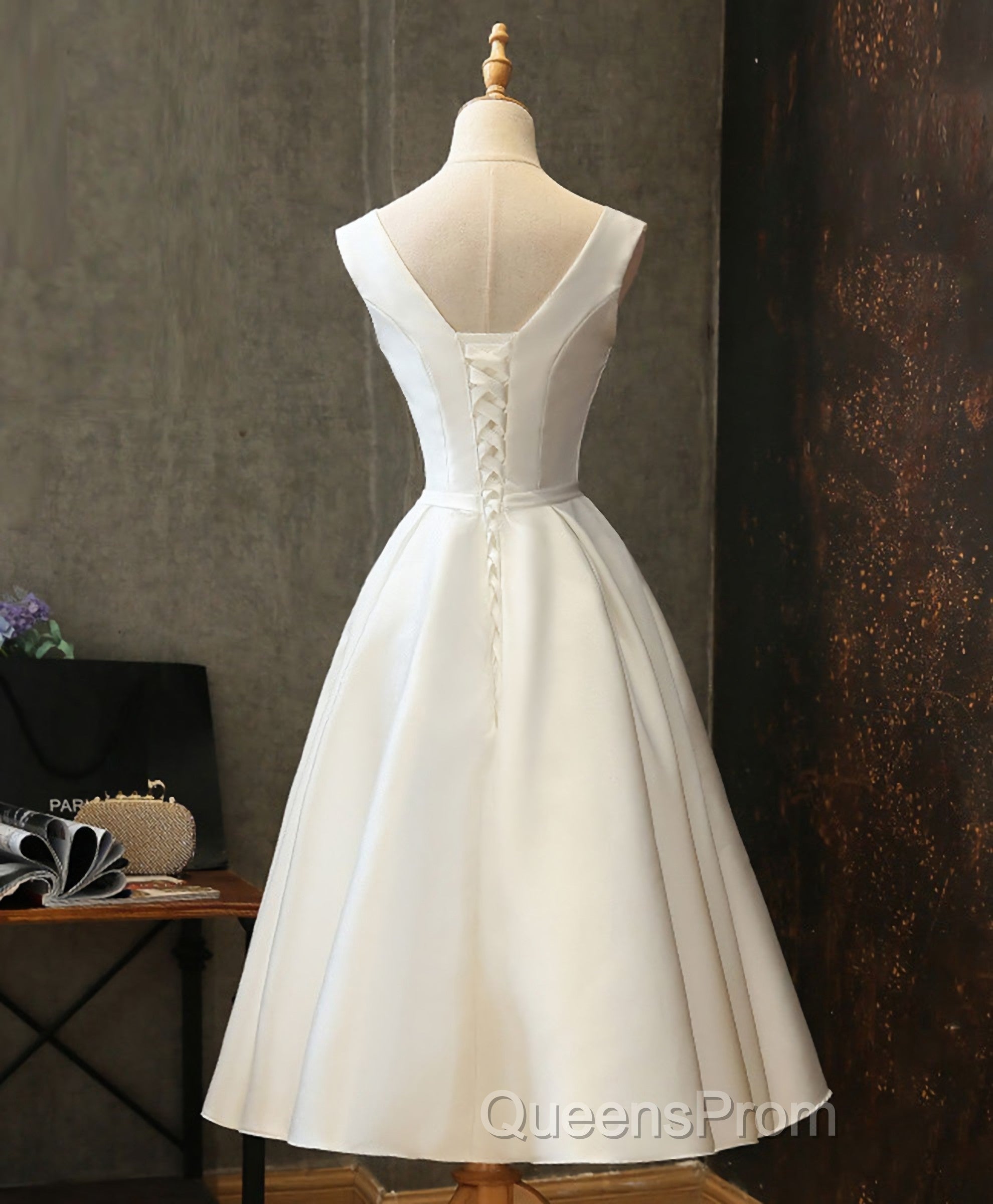 Simple V Neck White Short Evening Prom Dress, White Homecoming Dress Secondary image