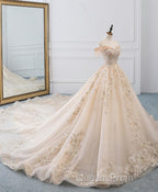 Champagne Off Shoulder Tulle Lace Long Wedding Dress, Wedding Gown