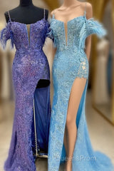 Sequin Feather Cold-Shoulder Mermaid Long Evening Prom Dress with Slit