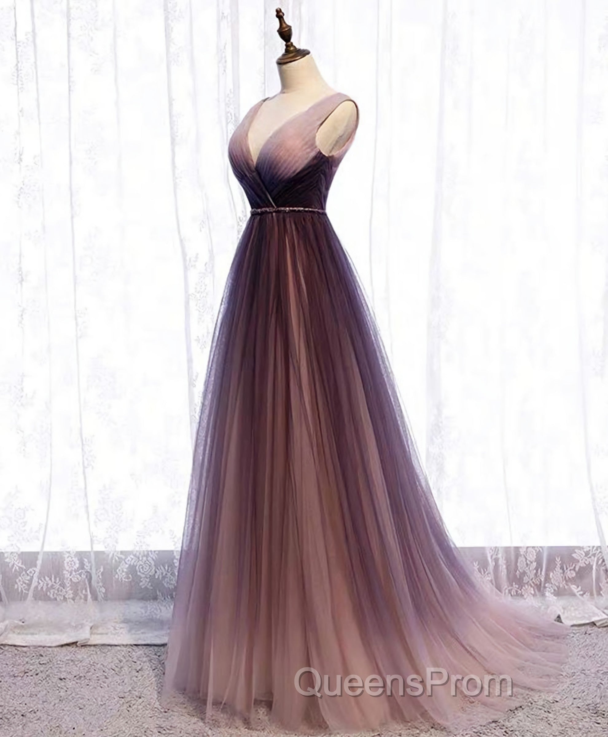 Simple V Neck Tulle Long Evening Prom Dress, Tulle Evening Dress Secondary image
