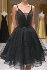 Black Tulle Beads Short Evening Prom Dress, Black Homecoming Dress