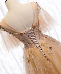 Champagne Round Neck Tulle Lace Long Evening Prom Dress, Formal Dress