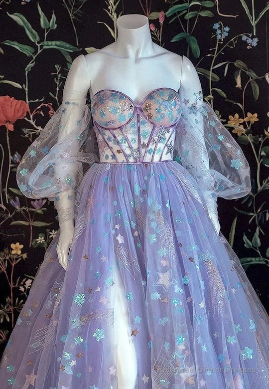 Light Purple A-line Tulle Floral Off Shoulder Sweetheart Evening Prom Dresses Secondary image
