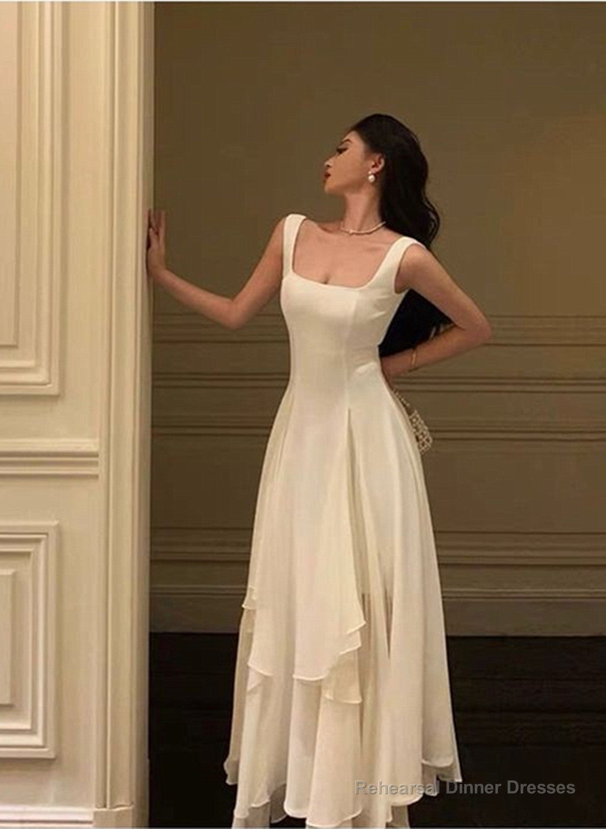 Lovely Ivory Chiffon Straps Long Party Dress Prom Dress, Ivory Wedding Party Dress Main image