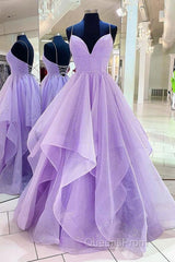 Purple V Neck Sleeveless A Line Tulle Sequin Evening Prom Dress