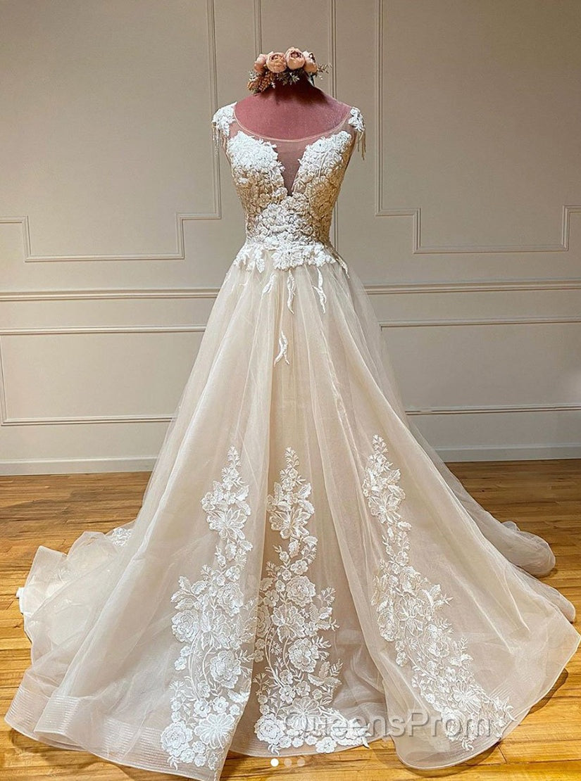 Champagne Sleeveless Round Neck Tulle Lace Long Evening Prom Dress Secondary image