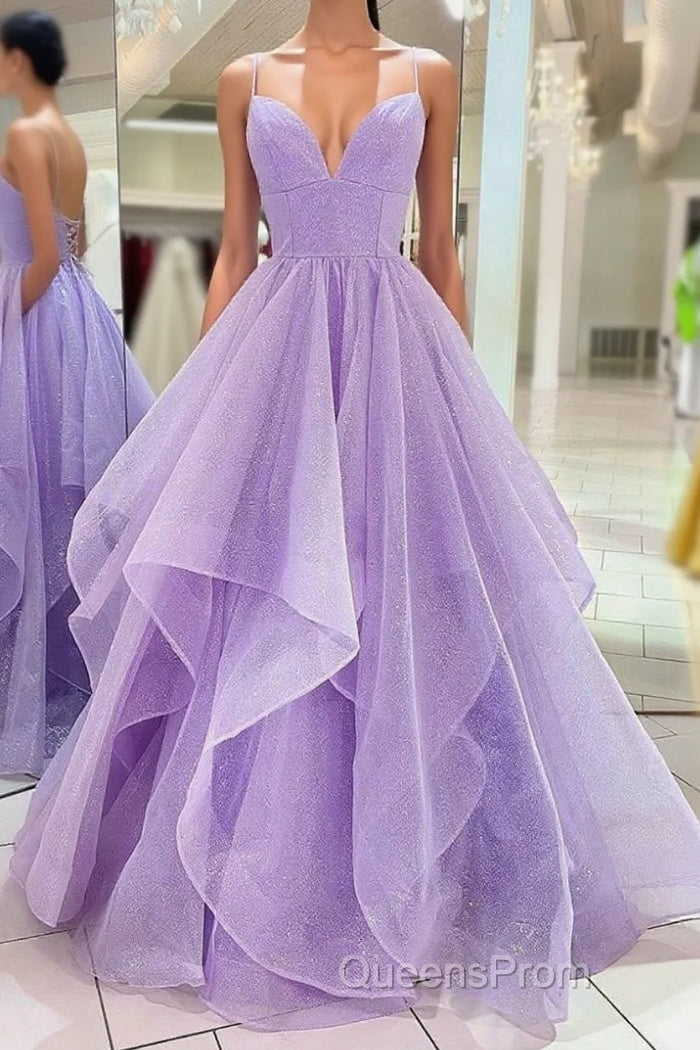 Purple V Neck Sleeveless A Line Tulle Sequin Evening Prom Dress Main image