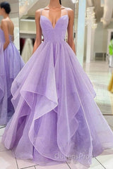 Purple V Neck Sleeveless A Line Tulle Sequin Evening Prom Dress