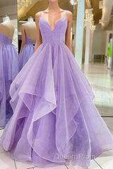 Purple V Neck Sleeveless A Line Tulle Sequin Evening Prom Dress