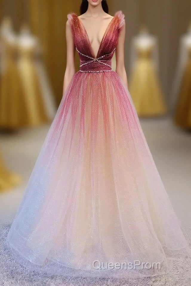A-Line Burgundy V Neck Tulle Sequin Long Evening Prom Dress Burgundy Evening Dress Main image