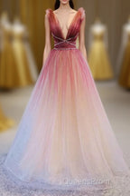 A-Line Burgundy V Neck Tulle Sequin Long Evening Prom Dress Burgundy Evening Dress