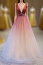 A-Line Burgundy V Neck Tulle Sequin Long Evening Prom Dress Burgundy Evening Dress