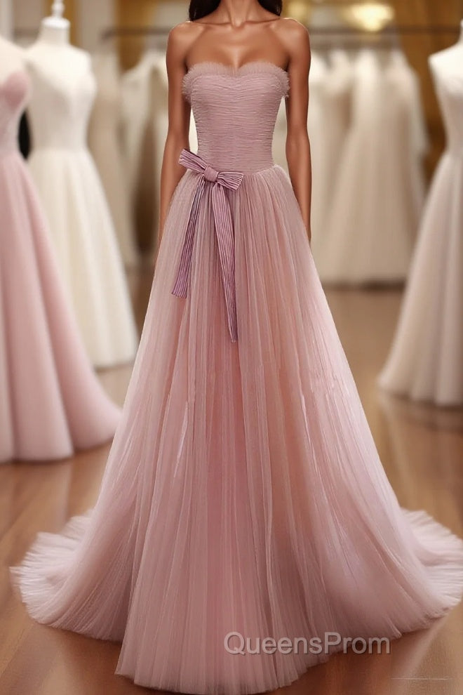 Simple Pink Tulle Long Evening Prom Dress, Pink Tulle Formal Dress, 1 Main image