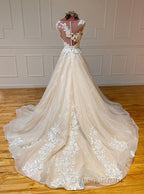 Champagne Sleeveless Round Neck Tulle Lace Long Evening Prom Dress