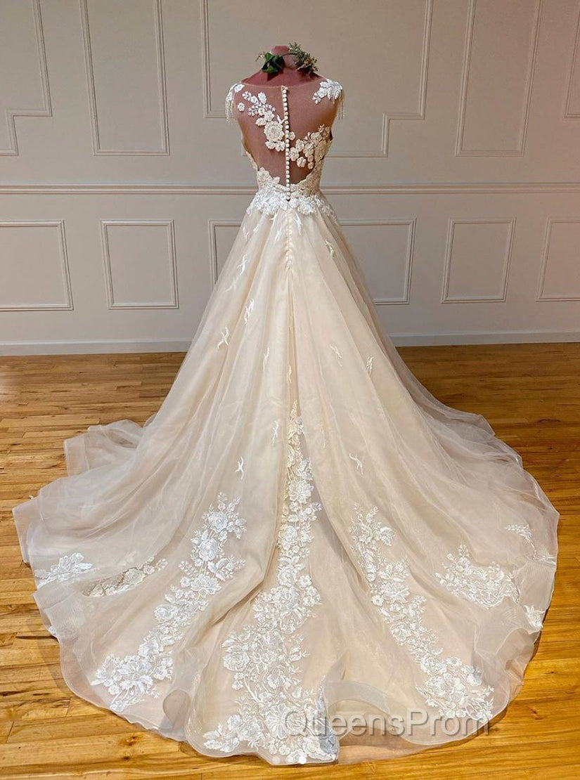 Champagne Sleeveless Round Neck Tulle Lace Long Evening Prom Dress