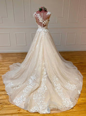 Champagne Sleeveless Round Neck Tulle Lace Long Evening Prom Dress