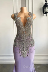 Lilac Mermaid Evening Prom Dress with Scoop Neckline Sleeveless and Crystal Beadings